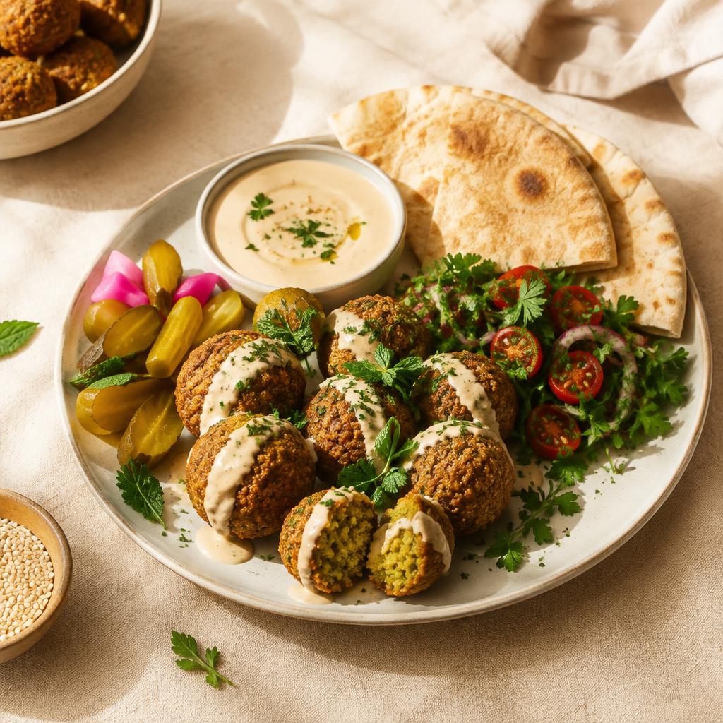 Knusprige Falafel mit Tahini, Kräutern und Pita