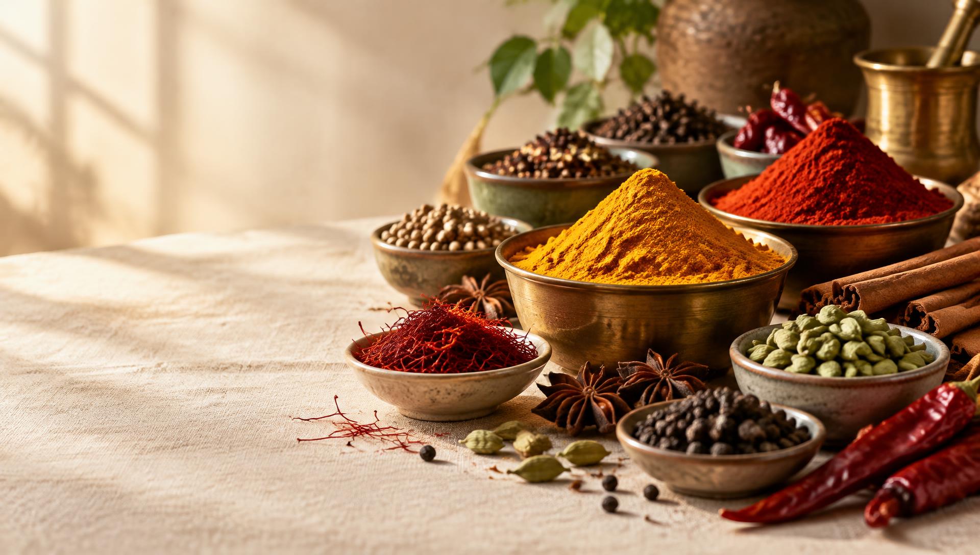 Schalen mit Kurkuma, Paprika, Safran, Kardamom und Pfeffer auf Leinen